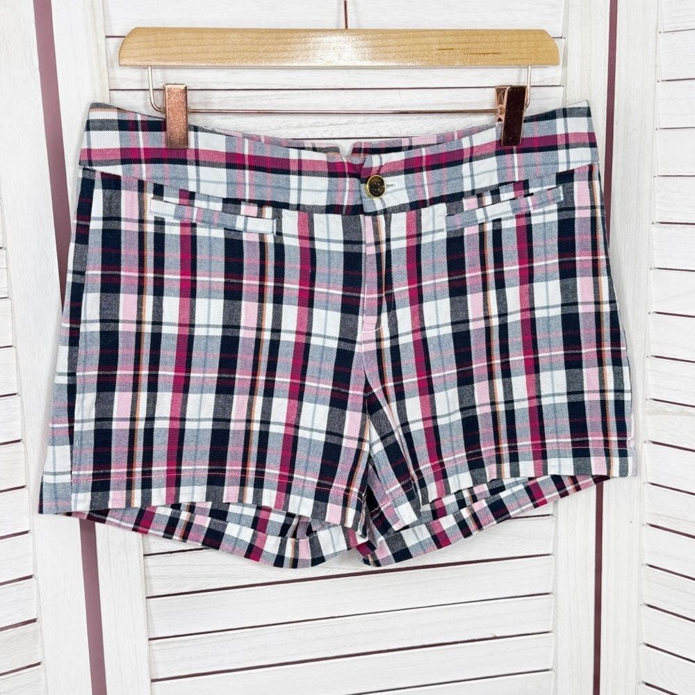 Banana Republic Plaid Welt Pocket Chino Shorts Blue Pink 8 Preppy Nautical